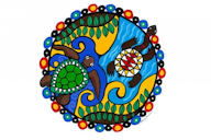 Colourful Indigenous artwork featuring two turtles within a circular design, surrounded by patterns of water, leaves, and traditional motifs. The vibrant piece incorporates blue, green, yellow, and red, symbolising cultural heritage and connection to nature.